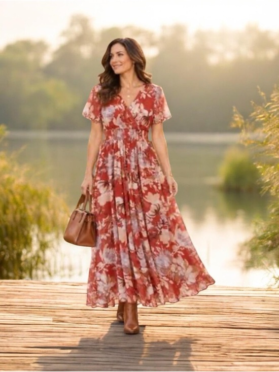 Kate And Lily Dresses & Skirts - Rust Floral Wrap Maxi Dress with Puff Sleeves
